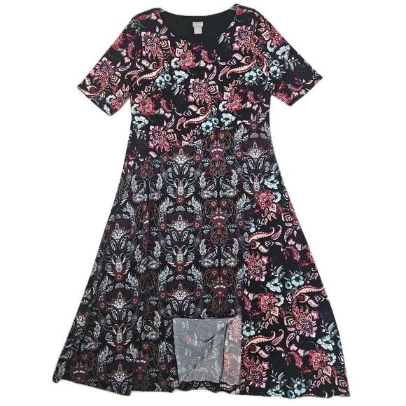 Chico’s ~Woman Size 2 (US 12)~ Black/Red Floral Print Short Sleeve Midi Dress. - Picture 1 of 13